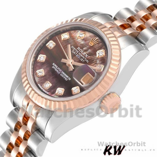 Replique Rolex Datejust-179171 pour femme, 26mm, cadran nacre noir, lunette cannelée, Lady MOP