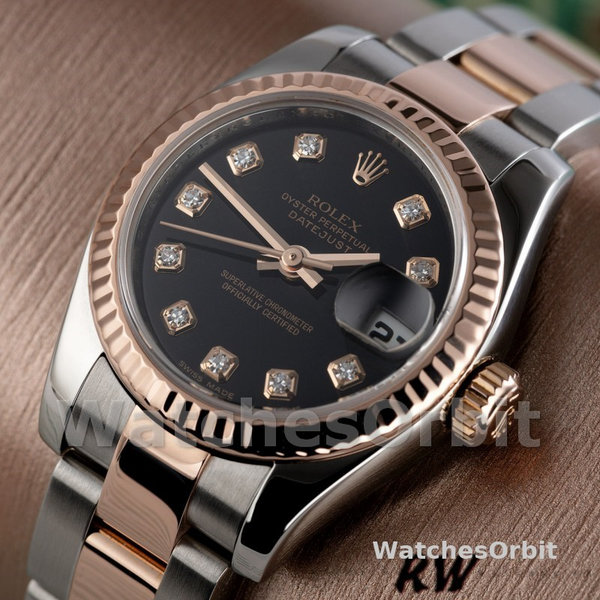 Replique Rolex Datejust-179171 pour femme, 26mm, cadran noir diamanté, lunette cannelée, Lady Black