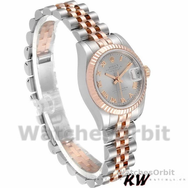 Replique Rolex Datejust-179171 pour femme, 26 mm, cadran gris à chiffres romains, lunette cannelée, Lady Grey