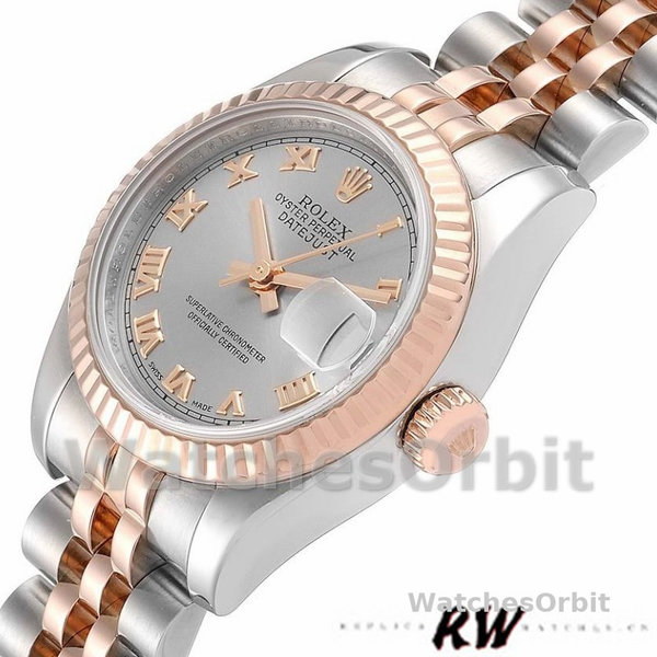 Replique Rolex Datejust-179171 pour femme, 26 mm, cadran gris à chiffres romains, lunette cannelée, Lady Grey