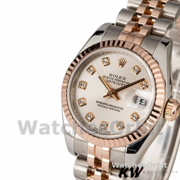 Replique Rolex Datejust-179171 pour femme, 26mm, cadran argenté diamants, lunette cannelée, Lady Silver