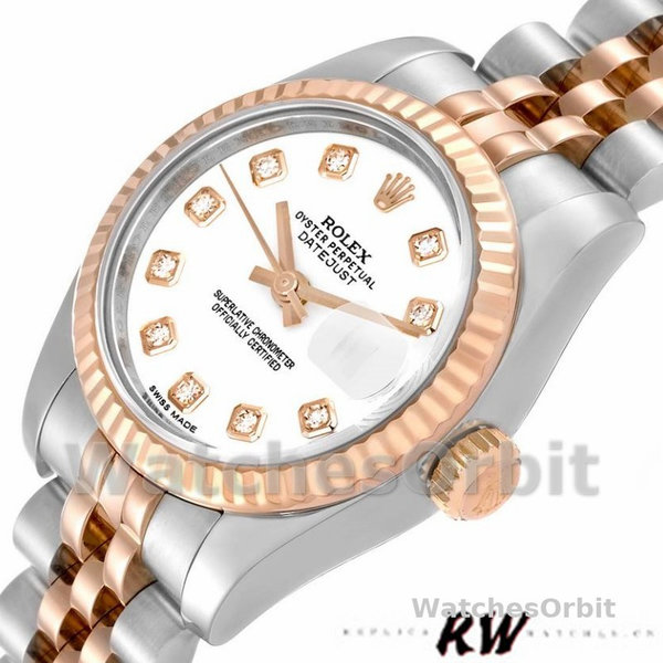 Replique Rolex Datejust-179171, 26mm, cadran diamant blanc, lunette cannelée, Lady White pour femme