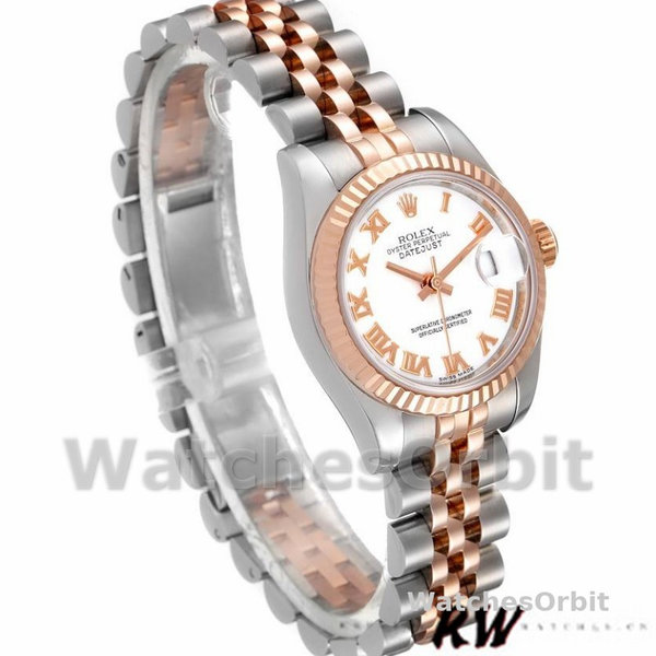Replique Rolex Datejust-179171 pour femme, 26 mm, cadran chiffres romains blancs, lunette cannelée, Lady White
