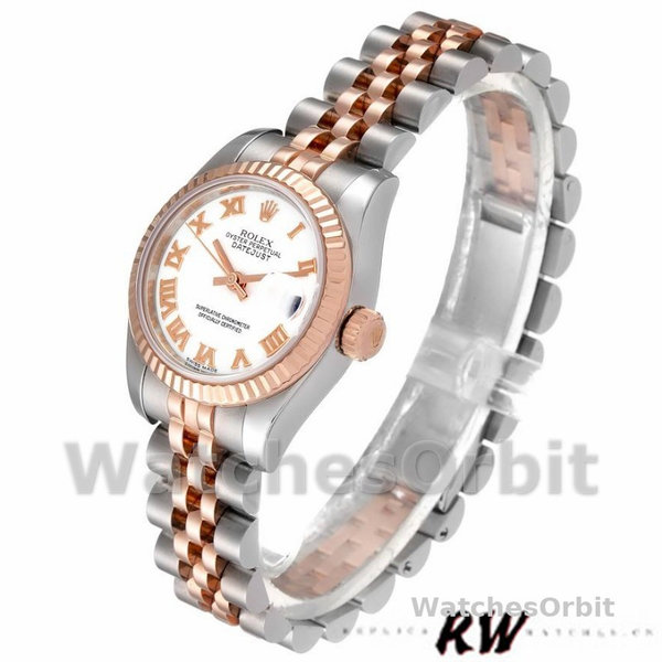 Replique Rolex Datejust-179171 pour femme, 26 mm, cadran chiffres romains blancs, lunette cannelée, Lady White