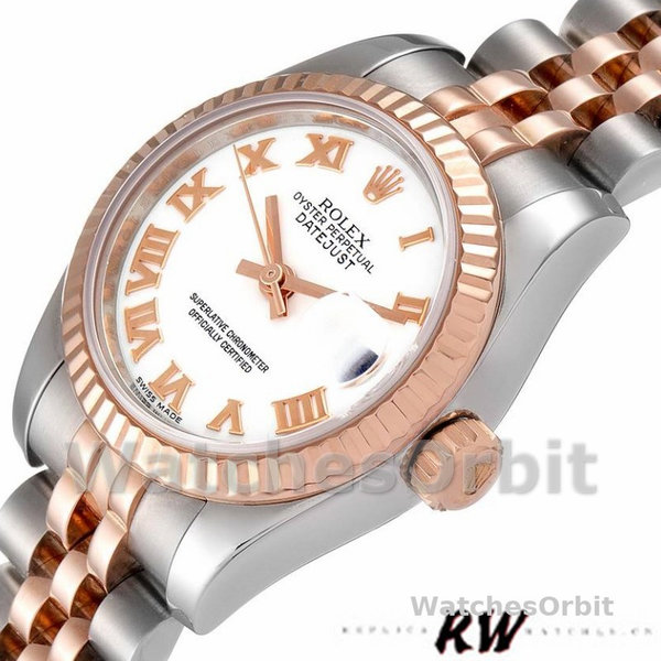 Replique Rolex Datejust-179171 pour femme, 26 mm, cadran chiffres romains blancs, lunette cannelée, Lady White