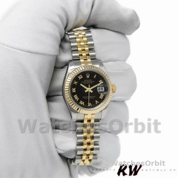 Replica Rolex Datejust-179173 da donna, 26 mm, quadrante nero, lunetta scanalata, Lady Black