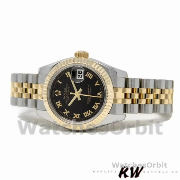 Replica Rolex Datejust-179173 da donna, 26 mm, quadrante nero, lunetta scanalata, Lady Black