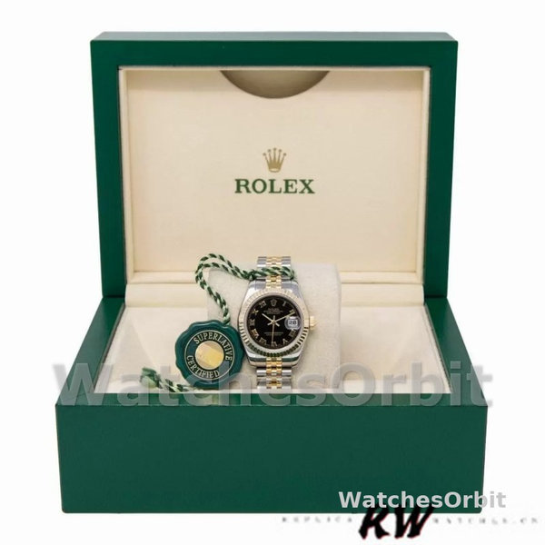 Replica Rolex Datejust-179173 da donna, 26 mm, quadrante nero, lunetta scanalata, Lady Black