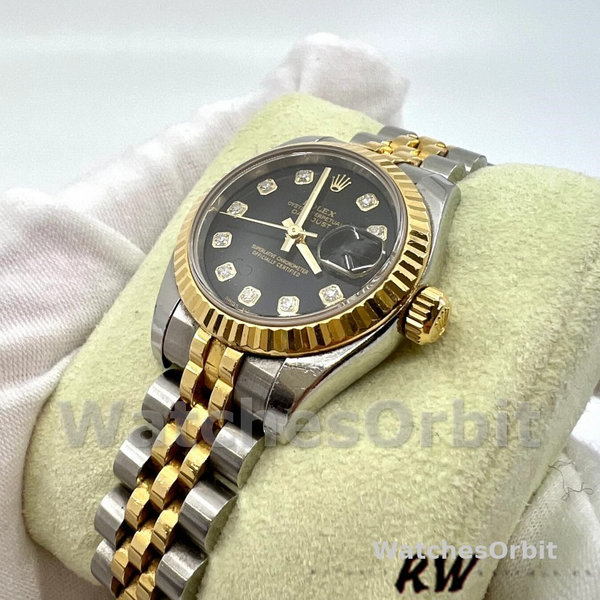Replica Rolex Datejust-179173 da donna, 26 mm, quadrante nero con diamanti, lunetta scanalata, Lady Black