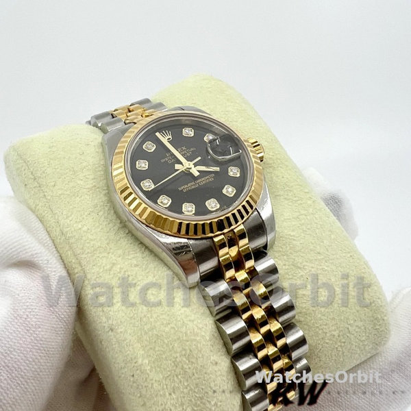 Replica Rolex Datejust-179173 da donna, 26 mm, quadrante nero con diamanti, lunetta scanalata, Lady Black