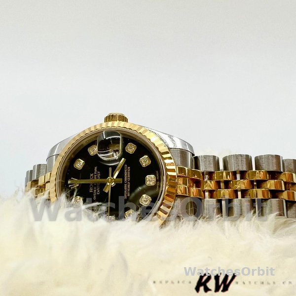 Replica Rolex Datejust-179173 da donna, 26 mm, quadrante nero con diamanti, lunetta scanalata, Lady Black