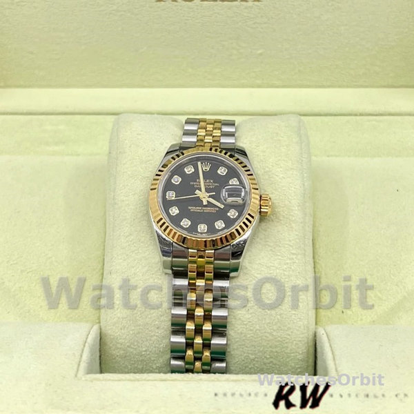 Replica Rolex Datejust-179173 da donna, 26 mm, quadrante nero con diamanti, lunetta scanalata, Lady Black