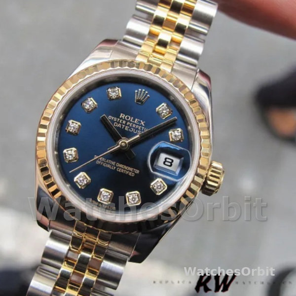 Replica Rolex Datejust-179173 donna, 26 mm, quadrante blu con diamanti, lunetta scanalata, Lady Blue