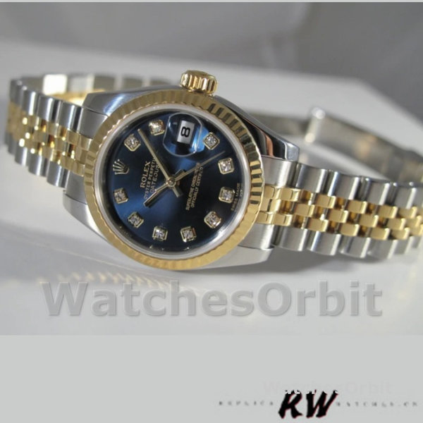 Replica Rolex Datejust-179173 donna, 26 mm, quadrante blu con diamanti, lunetta scanalata, Lady Blue