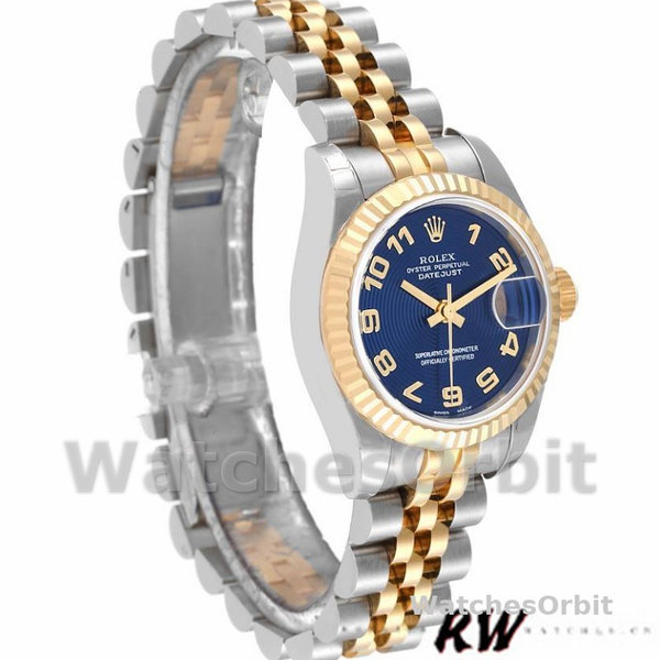 Replica Rolex Datejust-179173 da donna, 26 mm, quadrante blu a cerchi concentrici, lunetta scanalata, Lady Blue