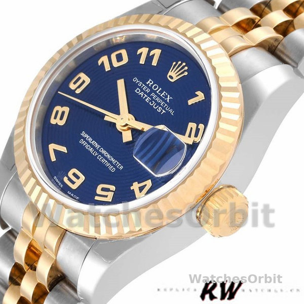 Replica Rolex Datejust-179173 da donna, 26 mm, quadrante blu a cerchi concentrici, lunetta scanalata, Lady Blue