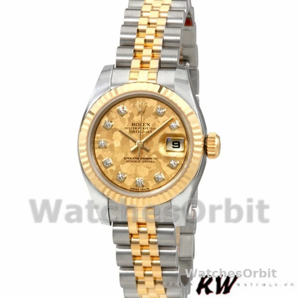 Replica Rolex Datejust-179173 da donna, 26 mm, quadrante cristallo champagne, lunetta scanalata, Lady Champagne