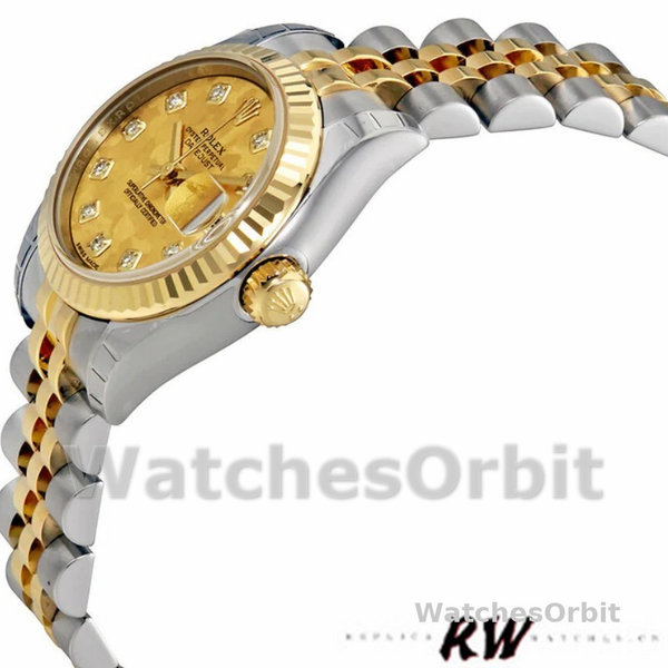 Replica Rolex Datejust-179173 da donna, 26 mm, quadrante cristallo champagne, lunetta scanalata, Lady Champagne