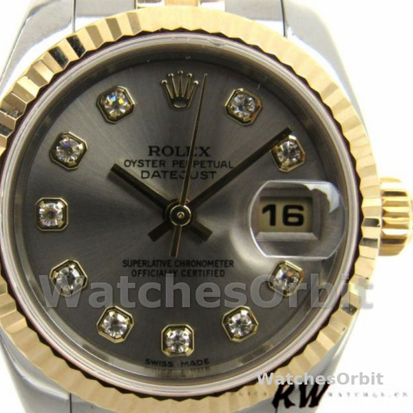 Replica Rolex Datejust-179173 da donna, 26 mm, quadrante grigio con diamanti, lunetta scanalata, Lady Gray