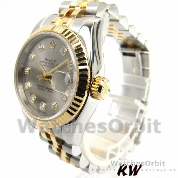 Replica Rolex Datejust-179173 da donna, 26 mm, quadrante grigio con diamanti, lunetta scanalata, Lady Gray