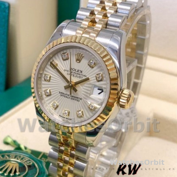 Replica Rolex Datejust-179173 da donna, 26 mm, quadrante avorio con diamanti Sunbeam, lunetta scanalata, Lady Ivory