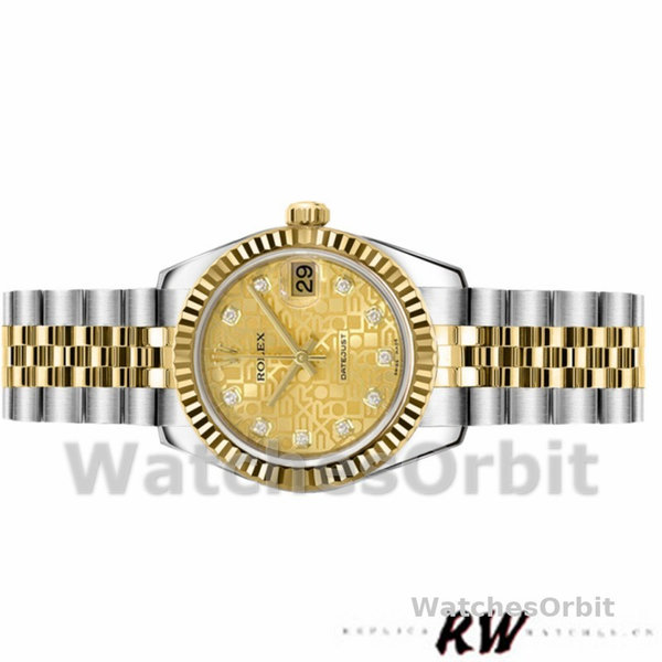 Replica Rolex Datejust-179173 da donna, 26 mm, quadrante Jubilee Champagne con diamanti, lunetta scanalata, Lady Champagne