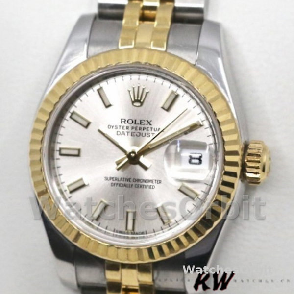 Replica Rolex Datejust-179173 da donna, 26 mm, quadrante argentato, lunetta scanalata, Lady Silver