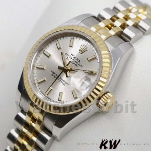 Replica Rolex Datejust-179173 da donna, 26 mm, quadrante argentato, lunetta scanalata, Lady Silver