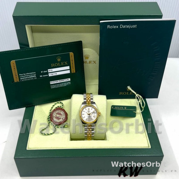 Replica Rolex Datejust-179173 da donna, 26 mm, quadrante argentato, lunetta scanalata, Lady Silver