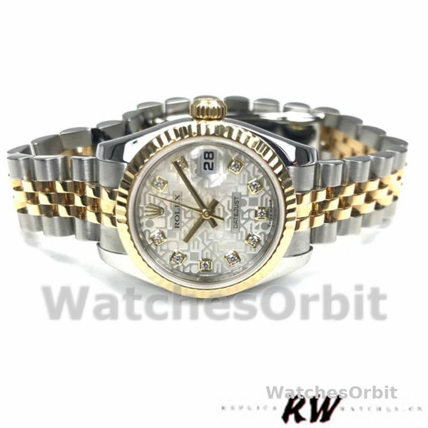 Replica Rolex Datejust-179173 da donna, 26 mm, quadrante argento con diamanti, lunetta scanalata, Lady Silver