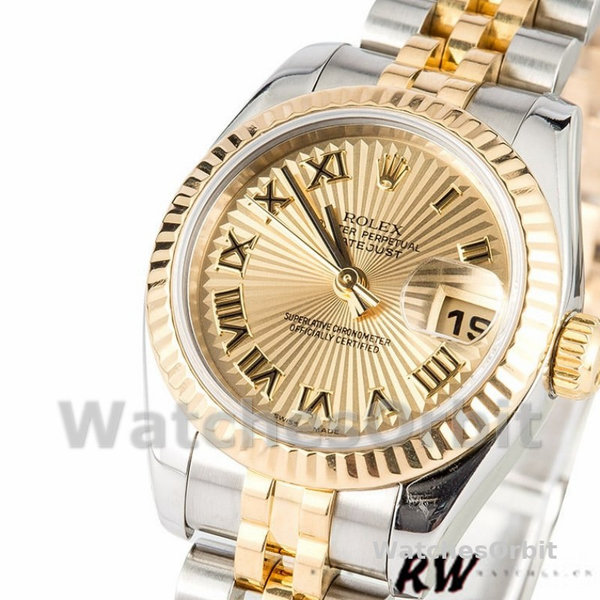 Replica Rolex Datejust-179173 da donna, 26 mm, quadrante Sunbeam Champagne, lunetta scanalata, Lady Champagne