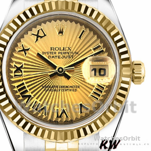 Replica Rolex Datejust-179173 da donna, 26 mm, quadrante Sunbeam Champagne, lunetta scanalata, Lady Champagne