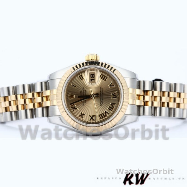 Replica Rolex Datejust-179173 da donna, 26 mm, quadrante Sunbeam Champagne, lunetta scanalata, Lady Champagne