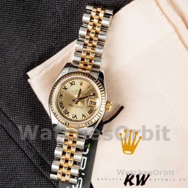 Replica Rolex Datejust-179173 da donna, 26 mm, quadrante Sunbeam Champagne, lunetta scanalata, Lady Champagne