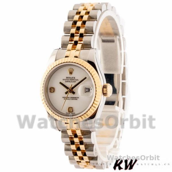 Replica Rolex Datejust-179173 donna, 26 mm, quadrante bianco con diamanti, lunetta scanalata, Lady White
