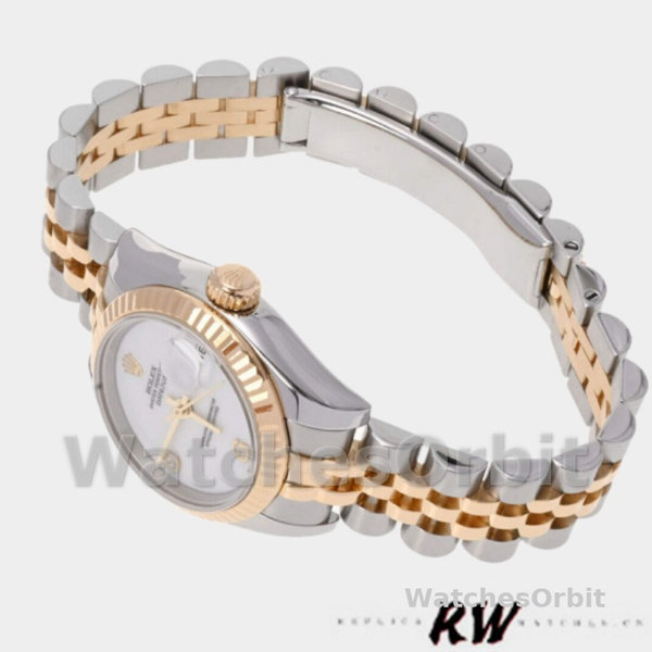 Replica Rolex Datejust-179173 donna, 26 mm, quadrante bianco con diamanti, lunetta scanalata, Lady White