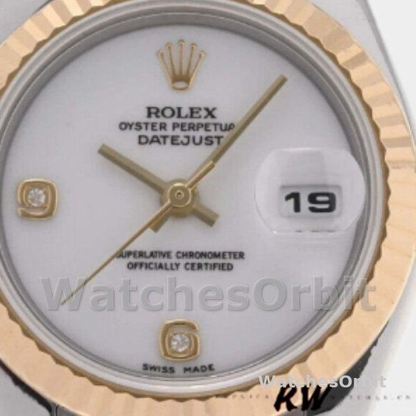 Replica Rolex Datejust-179173 donna, 26 mm, quadrante bianco con diamanti, lunetta scanalata, Lady White