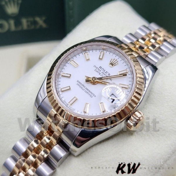 Replica Rolex Datejust-179173 da donna, 26 mm, quadrante bianco, lunetta scanalata, Lady White