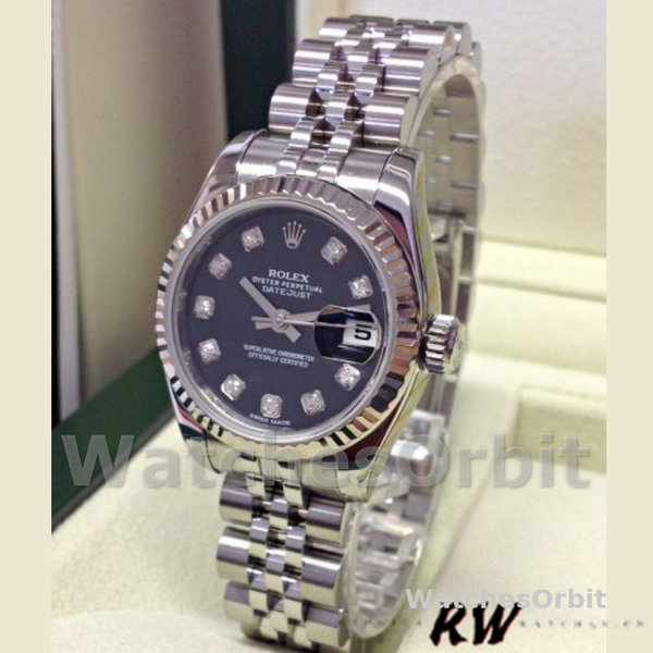 Replique Rolex Datejust-179174, 26mm, cadran diamant noir, lunette cannelée, Lady Black pour femme
