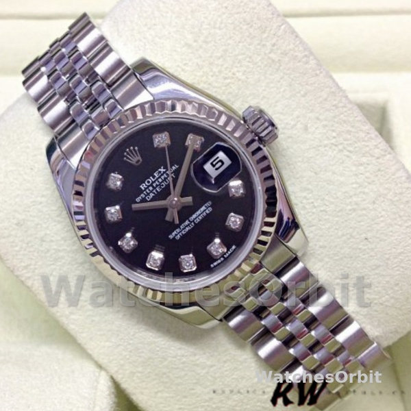 Replique Rolex Datejust-179174, 26mm, cadran diamant noir, lunette cannelée, Lady Black pour femme