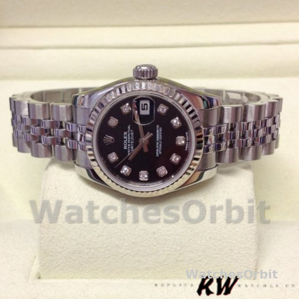 Replique Rolex Datejust-179174, 26mm, cadran diamant noir, lunette cannelée, Lady Black pour femme
