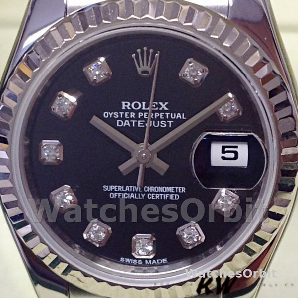 Replique Rolex Datejust-179174, 26mm, cadran diamant noir, lunette cannelée, Lady Black pour femme