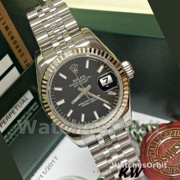 Replique Rolex Datejust-179174 pour femme, 26mm, cadran index noir, lunette cannelée, Lady Black