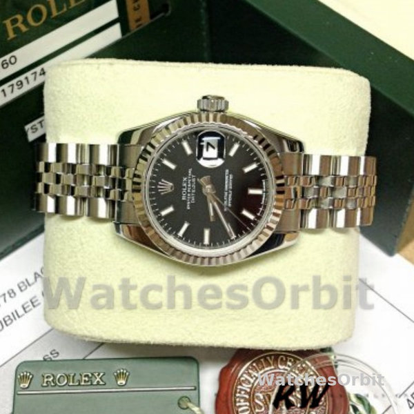 Replique Rolex Datejust-179174 pour femme, 26mm, cadran index noir, lunette cannelée, Lady Black