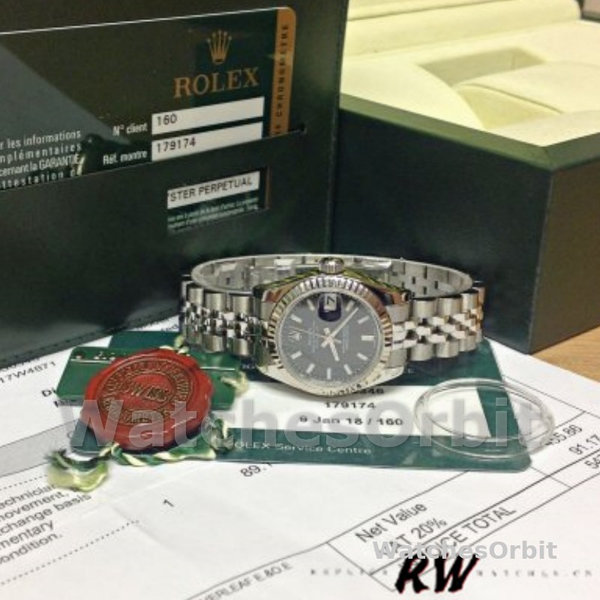 Replique Rolex Datejust-179174 pour femme, 26mm, cadran index noir, lunette cannelée, Lady Black