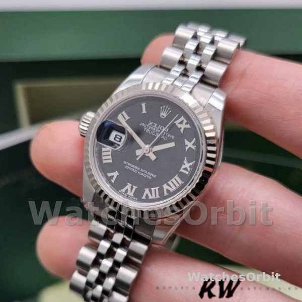 Replique Rolex Datejust-179174 pour femme, 26 mm, cadran romain noir, lunette cannelée, Lady Black
