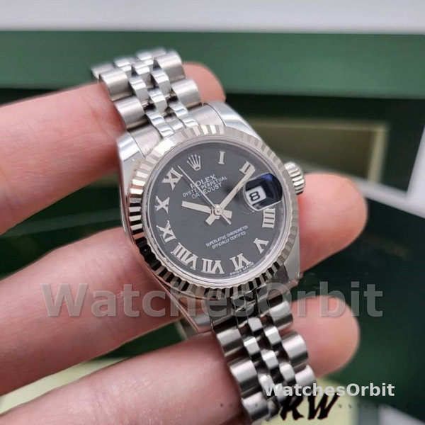 Replique Rolex Datejust-179174 pour femme, 26 mm, cadran romain noir, lunette cannelée, Lady Black