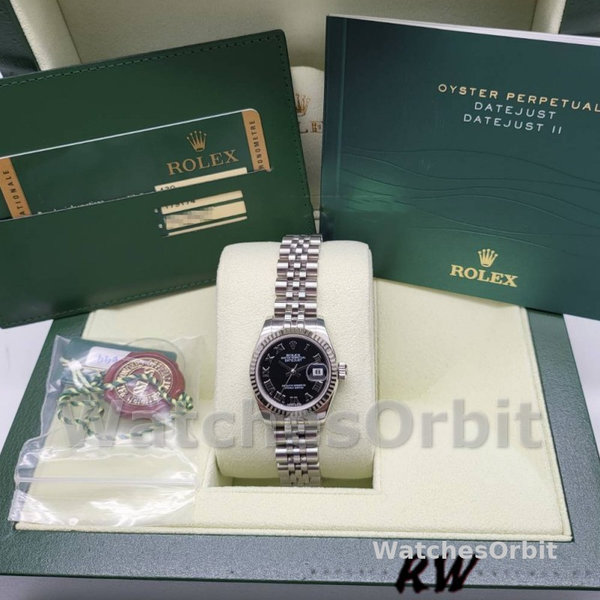 Replique Rolex Datejust-179174 pour femme, 26 mm, cadran romain noir, lunette cannelée, Lady Black