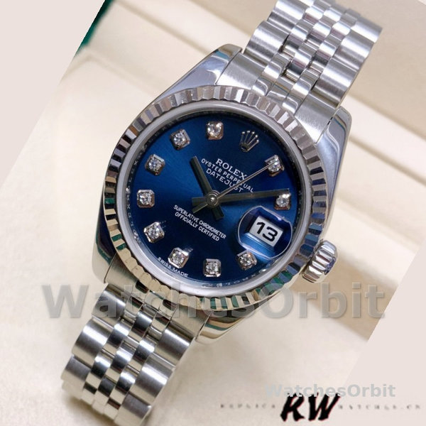 Replique Rolex Datejust-179174, 26mm, cadran bleu diamant, lunette cannelée, Lady Blue, pour femme