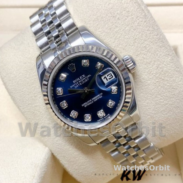 Replique Rolex Datejust-179174, 26mm, cadran bleu diamant, lunette cannelée, Lady Blue, pour femme